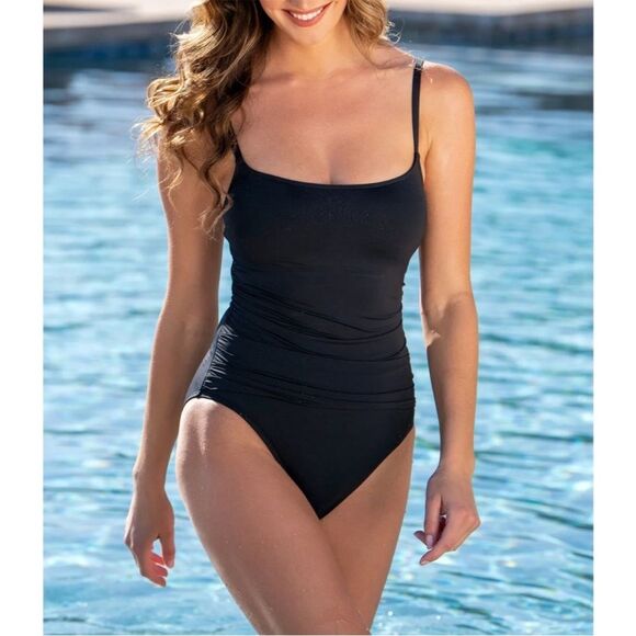 La Blanca Black Island Goddess Front Ruching One Piece Swimsuit Womens Size 12 - Picture 1 of 11